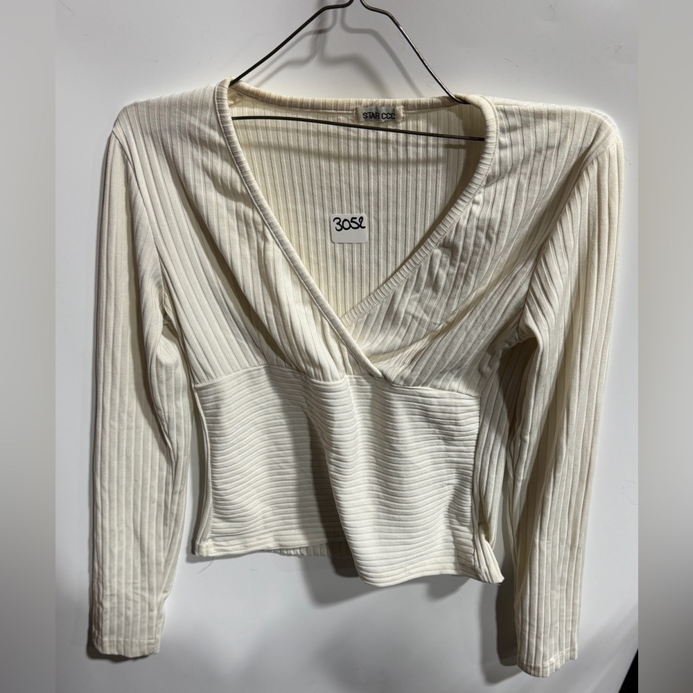 #3052-Cream Ribbed Wrap Top